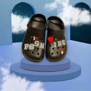 "I Love Poshing"Black Slip-On Clog Mules with Decorative Letter and Heart Charms